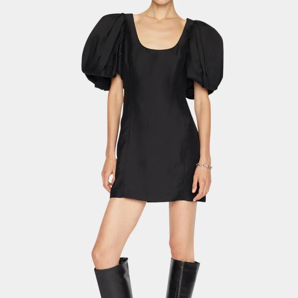 NEW $600 FRAME PUFF SLEEVE MINI SHIFT DRESS BLACK FEMININE SEXY XS
